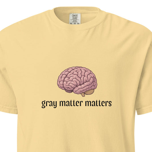 Gray Matter Matters unisex garment-dyed heavyweight T-shirt in light gray, featuring a comfortable fit and soft fabric.