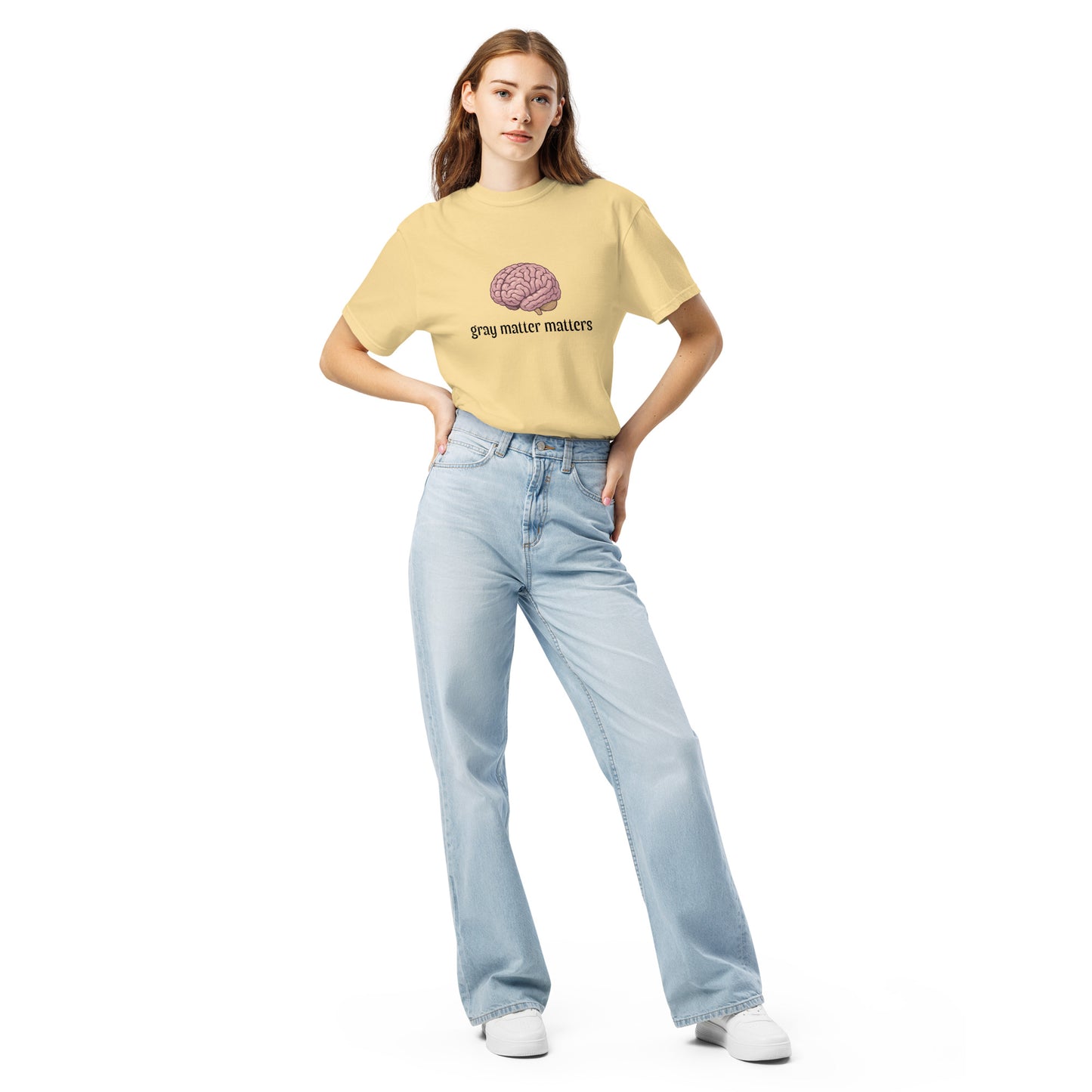 Unisex Gray Matter Matters heavyweight garment-dyed t-shirt in light gray with front design, casual fit, by wayward.biz.