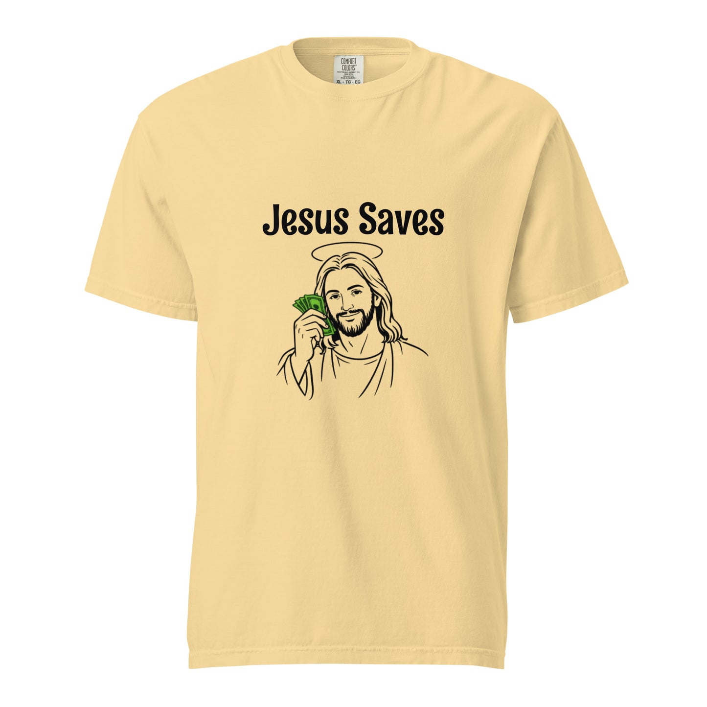 Unisex Jesus Saves heavyweight garment-dyed T-shirt in butter yellow, featuring a front print design.