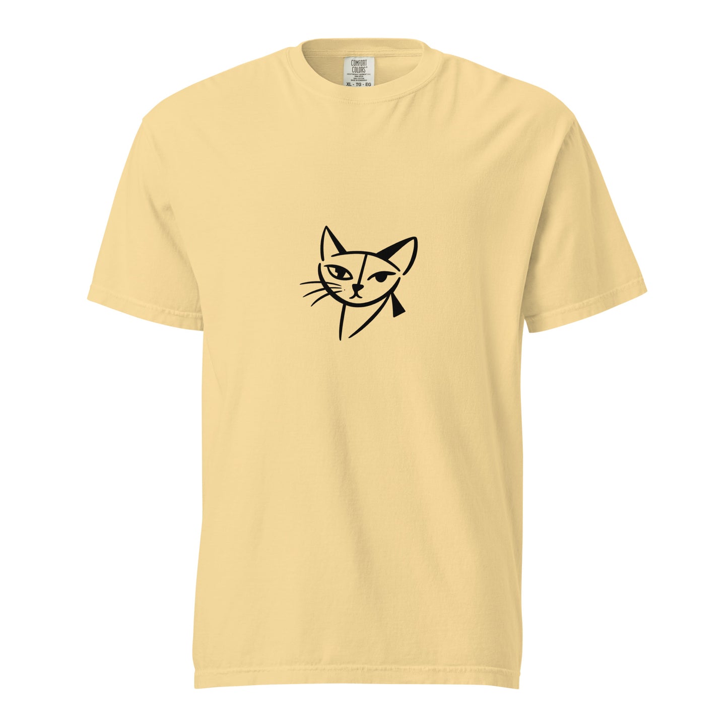 Unisex Feline face heavyweight garment-dyed T-shirt in butter yellow from wayward.biz, showing front design and soft fabric texture.
