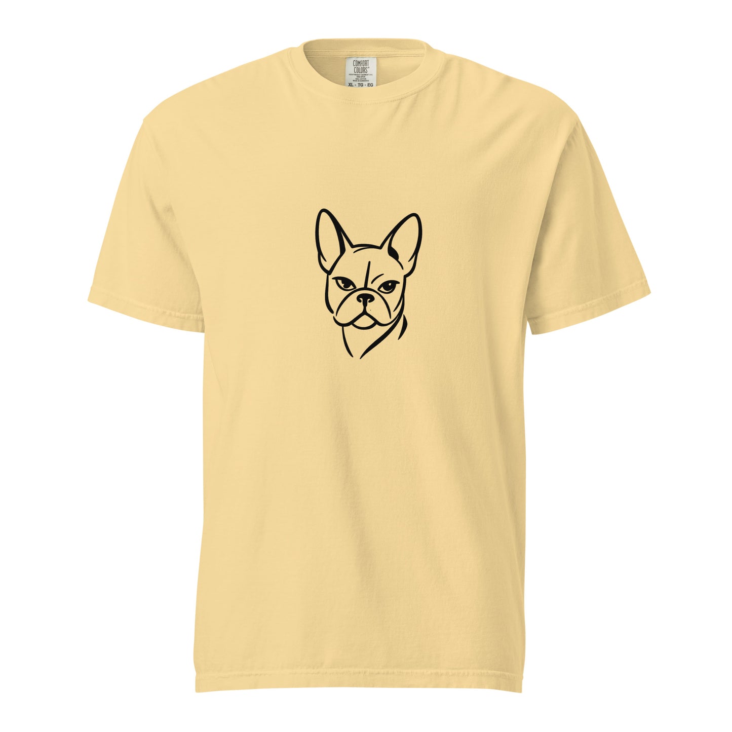 Unisex French Bulldog graphic heavyweight garment-dyed T-shirt in butter color, stylish and comfortable for casual wear.