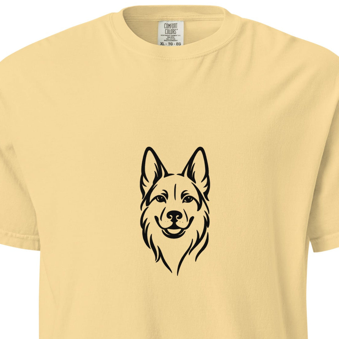 Unisex German Shepherd graphic T-shirt in heavyweight, garment-dyed fabric with a butter-colored front design.