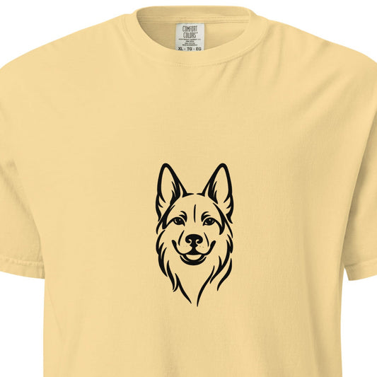 Unisex German Shepherd graphic T-shirt in heavyweight, garment-dyed fabric with a butter-colored front design.