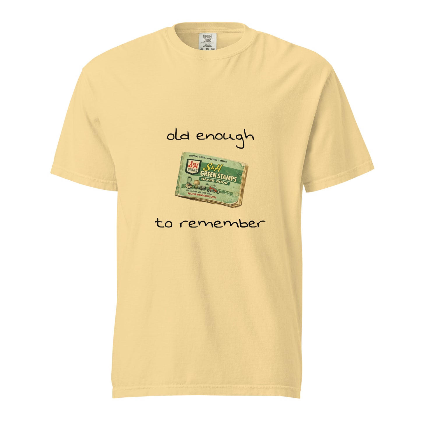 Unisex garment-dyed heavyweight S&H Green Stamps T-shirt by wayward.biz with a butter-colored front design.