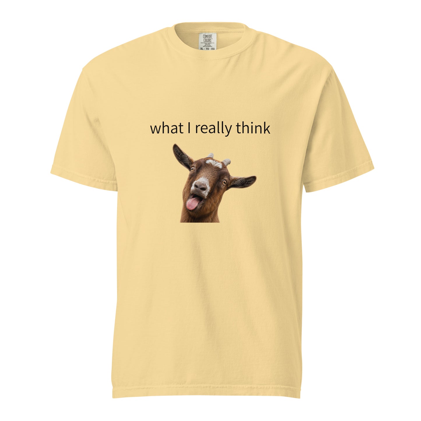 Unisex heavyweight garment-dyed T-shirt in butter color with front design, made by wayward.biz.