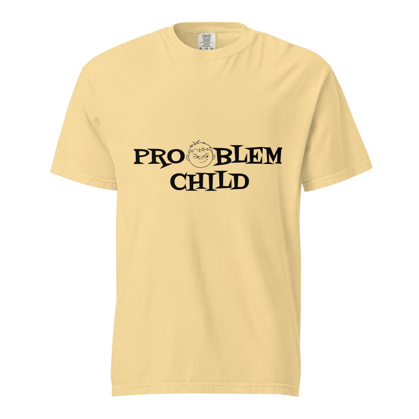 Unisex Problem Child heavyweight garment-dyed T-shirt in butter color, featuring a comfortable fit and casual style.