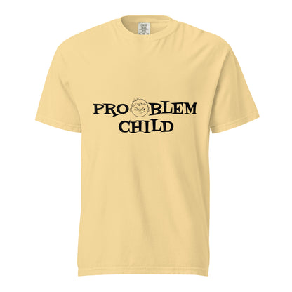 Unisex Problem Child heavyweight garment-dyed T-shirt in butter color, featuring a comfortable fit and casual style.