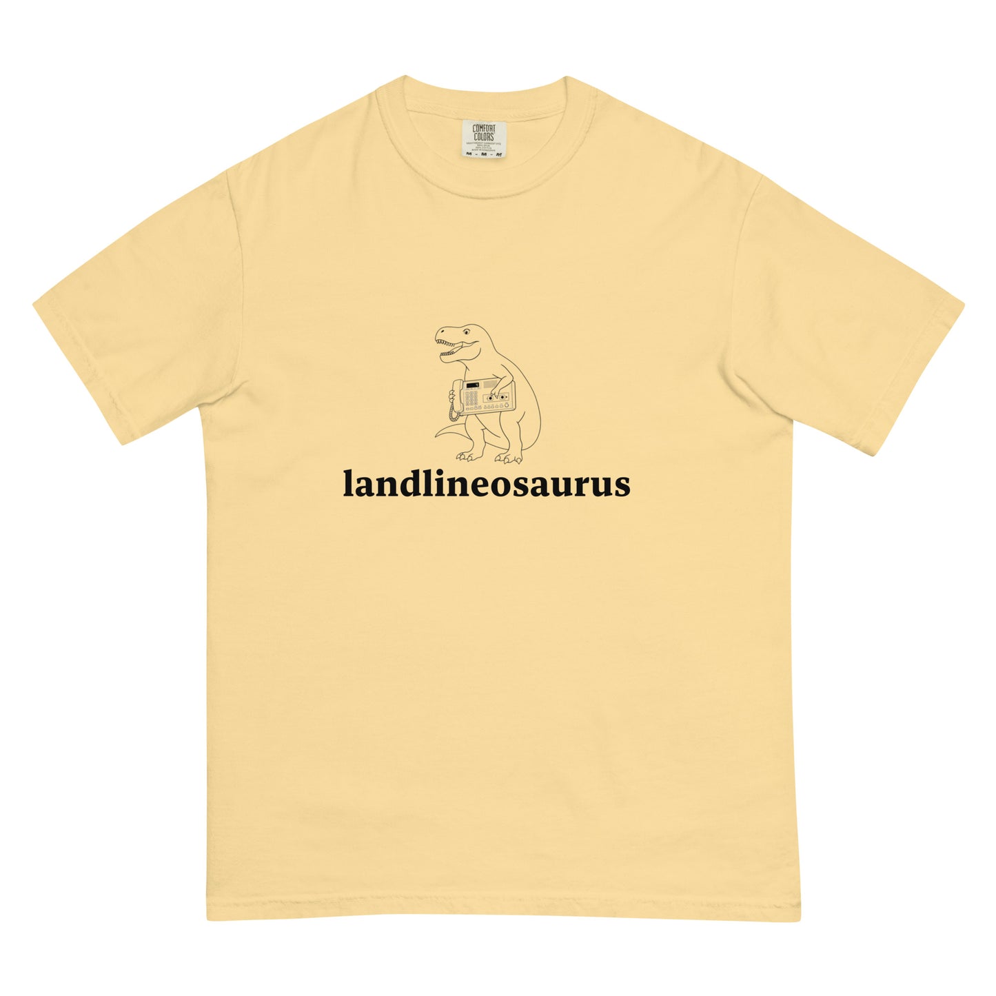 Unisex Landlineosaurus heavyweight garment-dyed T-shirt in butter color with front graphic, casual style by wayward.biz