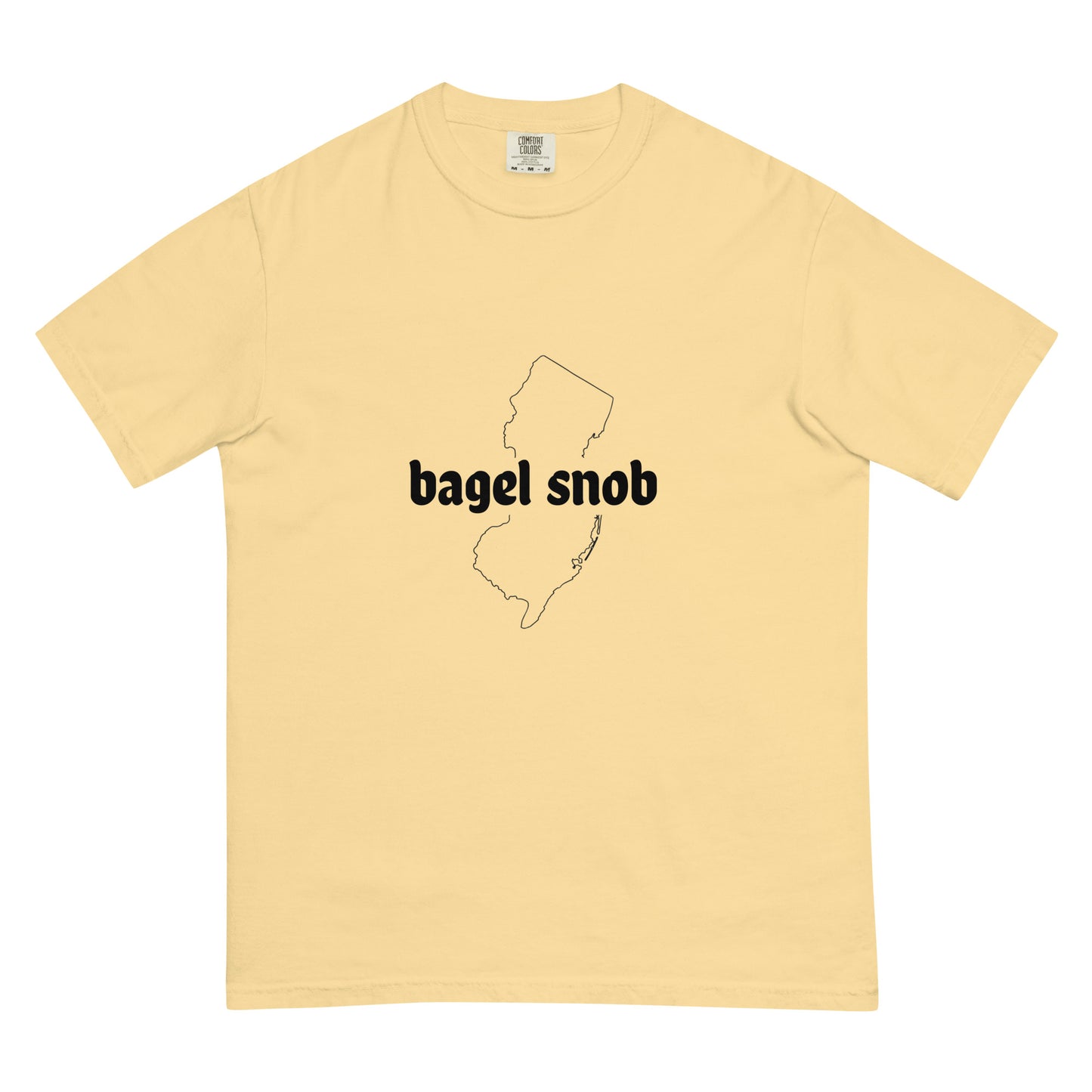 Unisex Bagel Snob heavyweight garment-dyed T-shirt in butter color, casual fit, made by wayward.biz.
