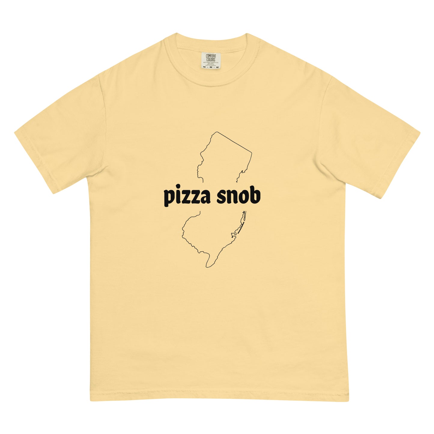Unisex garment-dyed heavyweight T-shirt by Pizza Snob featuring a butter color front, casual and comfortable fit.