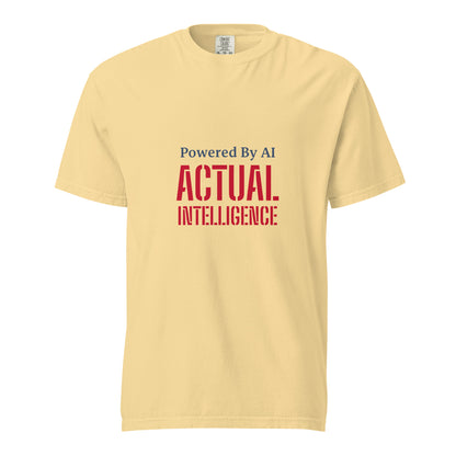 Unisex garment-dyed heavyweight AI-powered Actual Intelligence T-shirt in butter color, front view showing soft fabric and casual style.