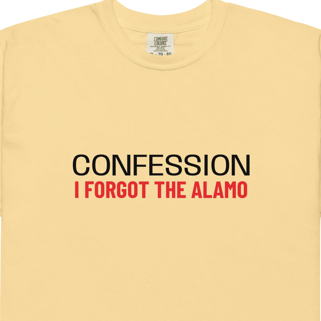 Unisex garment-dyed heavyweight T-shirt by Wayward.biz with "Forgot the Alamo" print in butter color, front view.