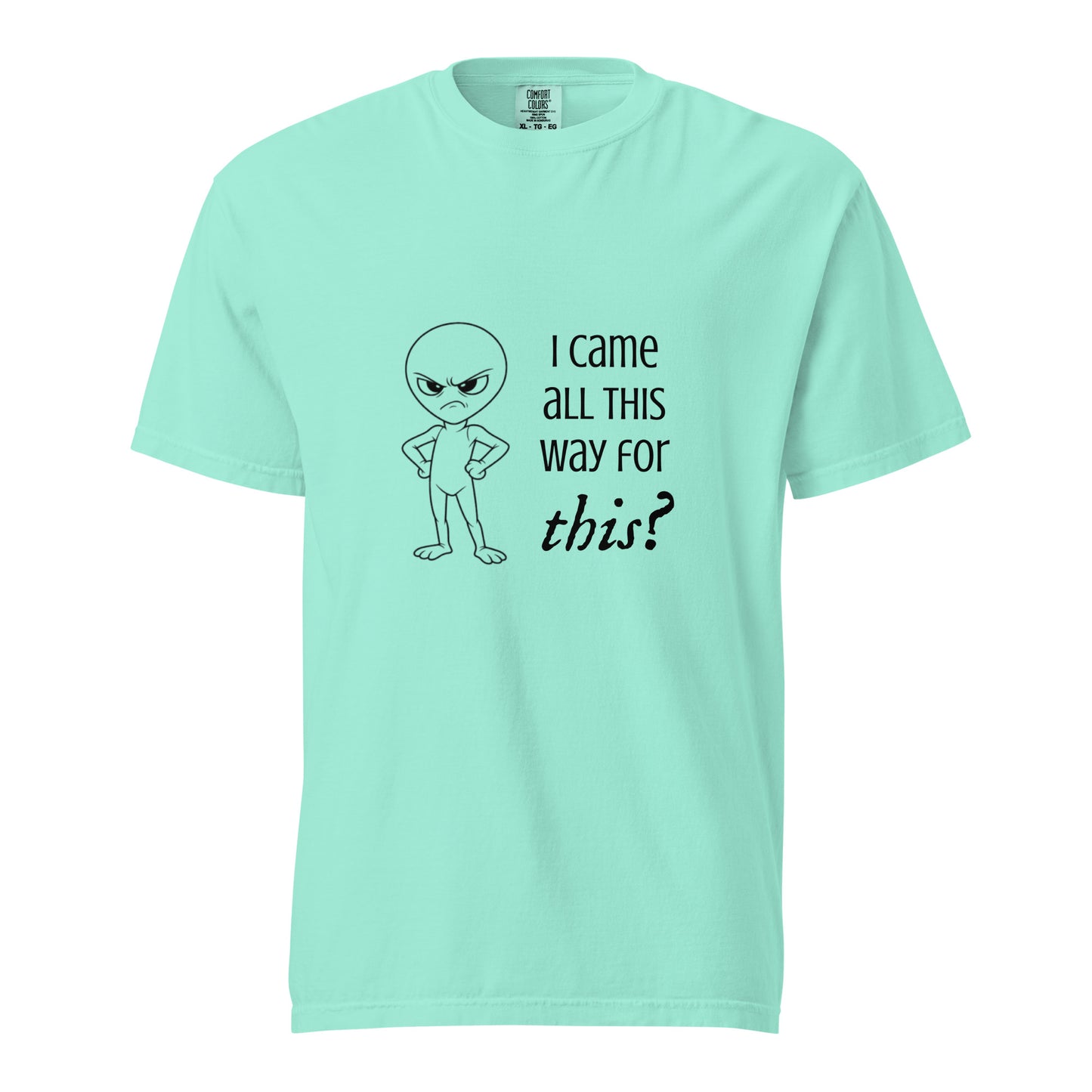 Unisex garment-dyed heavyweight T-shirt with angry alien graphic in chalky mint color, from Wayward.biz.