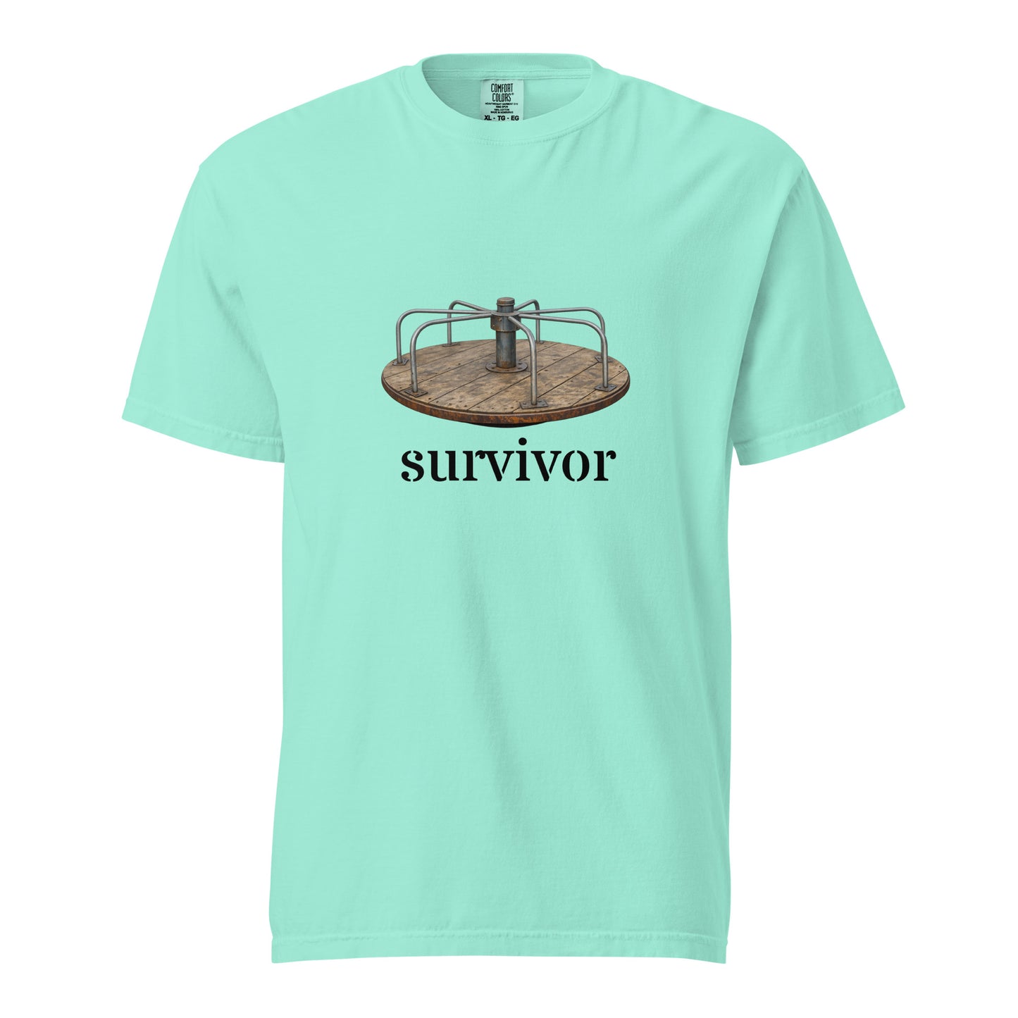 Unisex garment-dyed heavyweight T-shirt in chalky mint color, featuring a simple front design, by Wayward.biz.