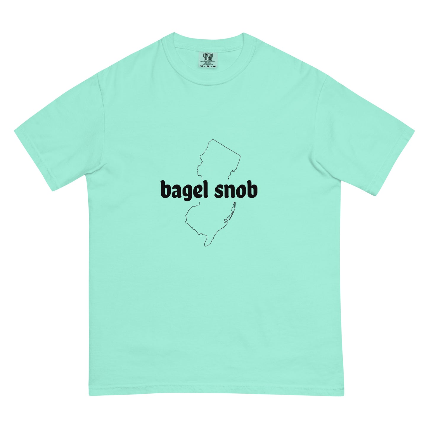 Unisex Bagel Snob garment-dyed heavyweight T-shirt in chalky mint, front view showing soft fabric and relaxed fit.