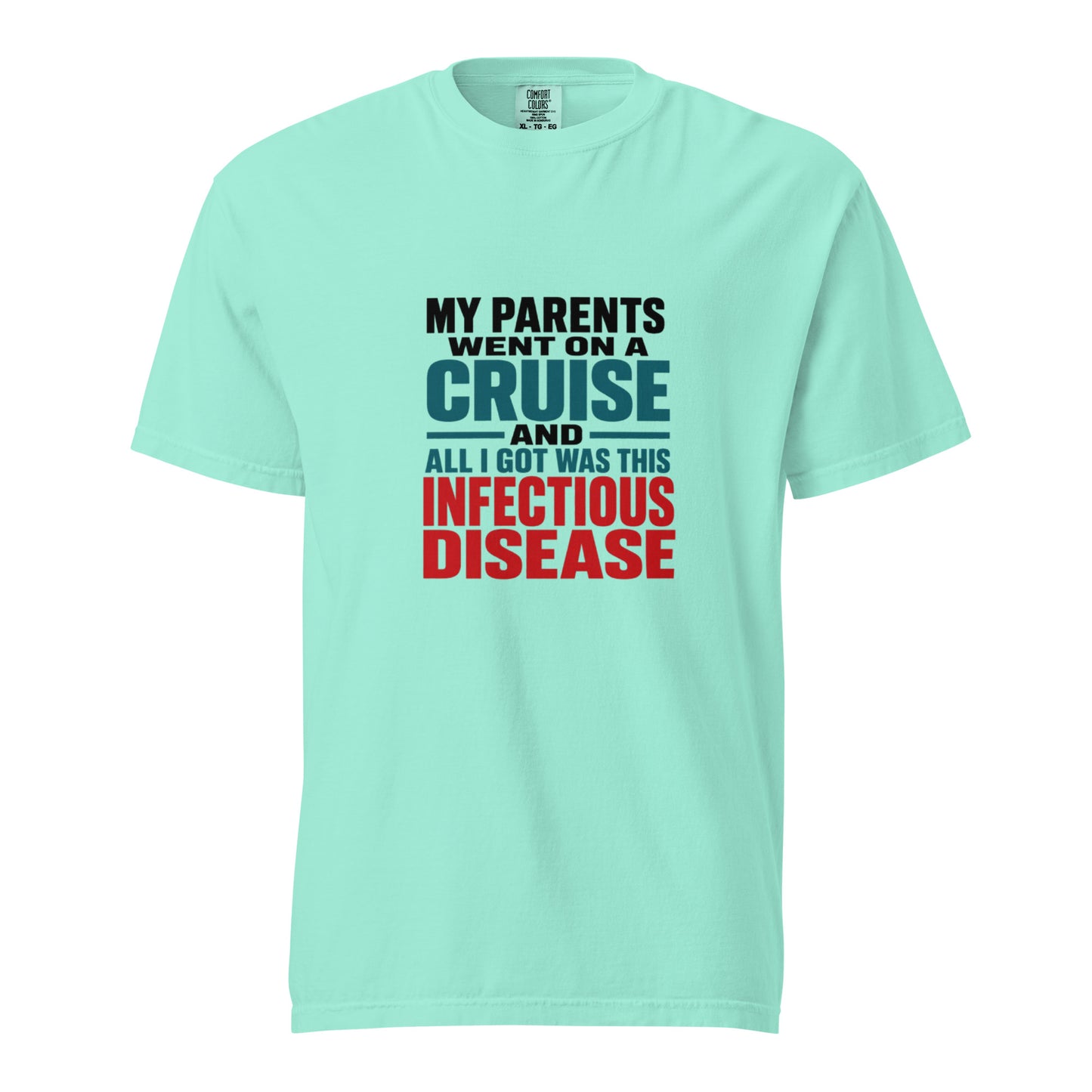 Unisex garment-dyed heavyweight T-shirt in chalky mint from wayward.biz with a humorous infectious disease print on the front.