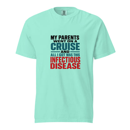 Unisex garment-dyed heavyweight T-shirt in chalky mint from wayward.biz with a humorous infectious disease print on the front.