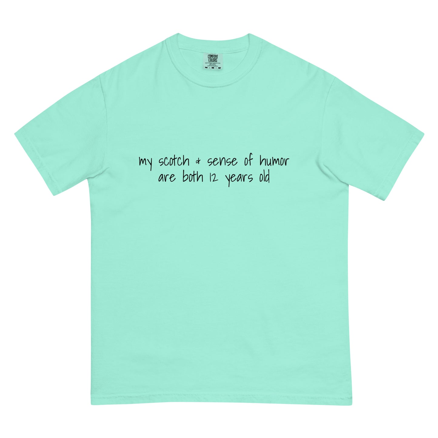 Unisex 12-year-old Scotch & Sense of Humor heavyweight garment-dyed T-shirt in chalky mint, front view, casual style.