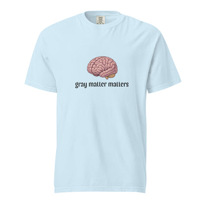 Unisex Gray Matter Matters heavyweight garment-dyed T-shirt in chambray fabric, front view showing relaxed fit and soft texture.
