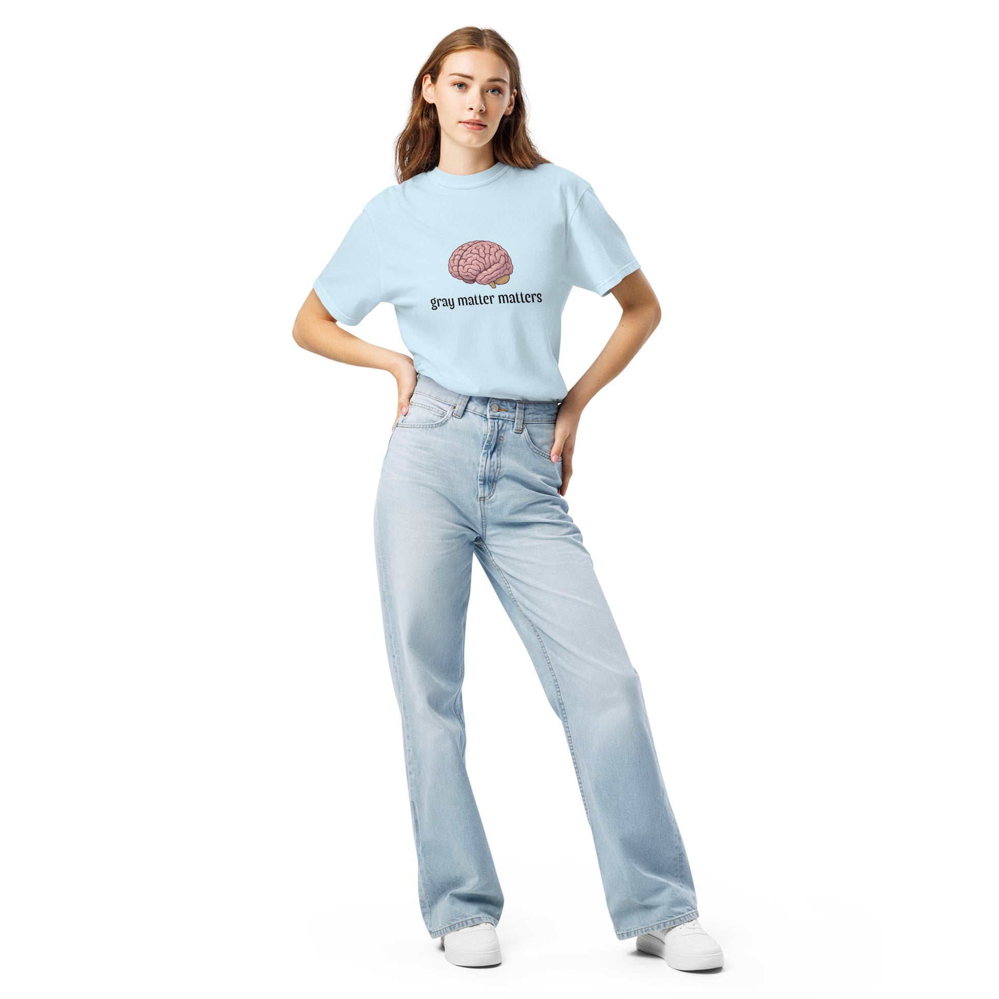 Gray Matter Matters unisex garment-dyed heavyweight T-shirt in chambray, front view, soft fabric and casual fit.