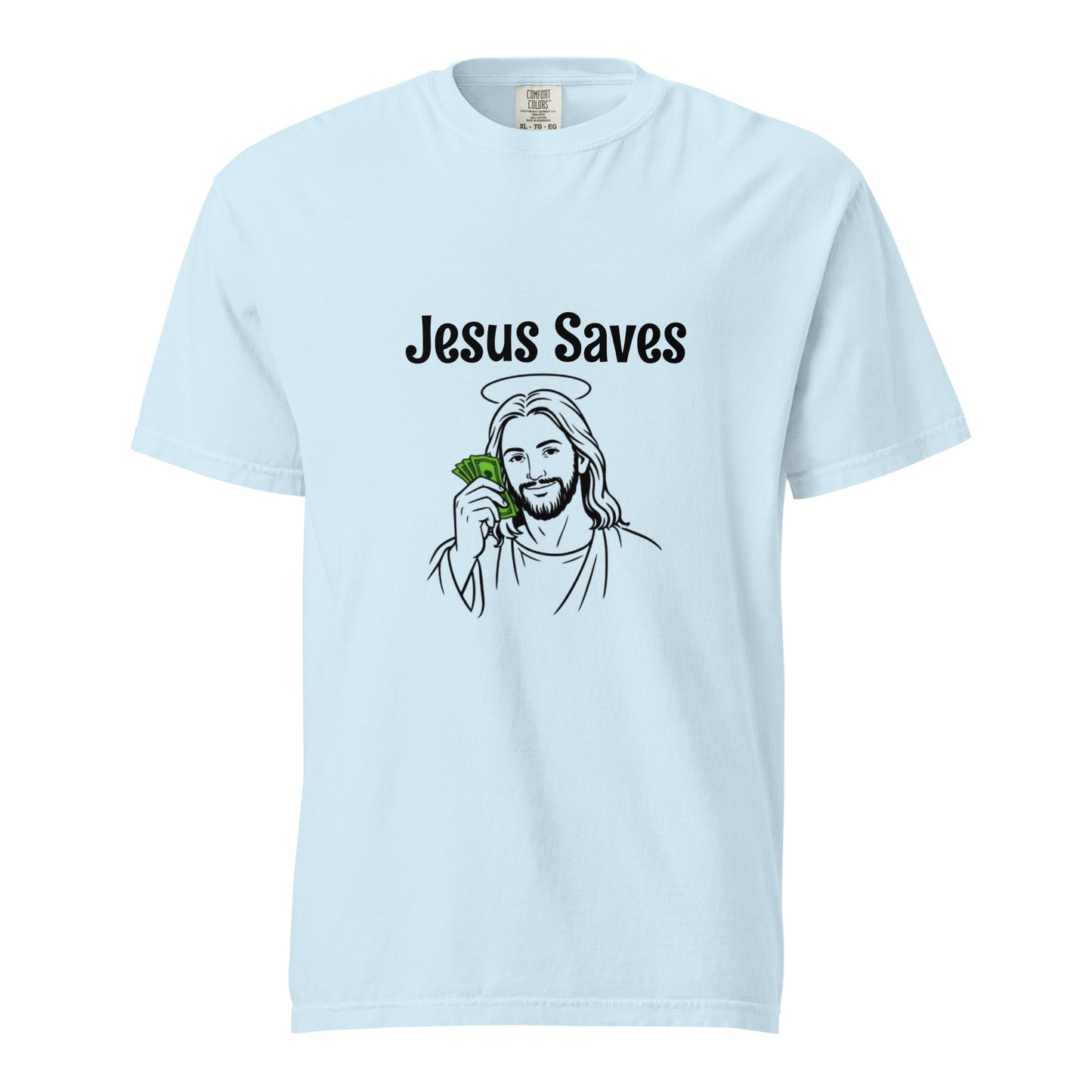 Unisex Jesus Saves heavyweight garment-dyed T-shirt in chambray fabric with front print, casual style and comfortable fit.