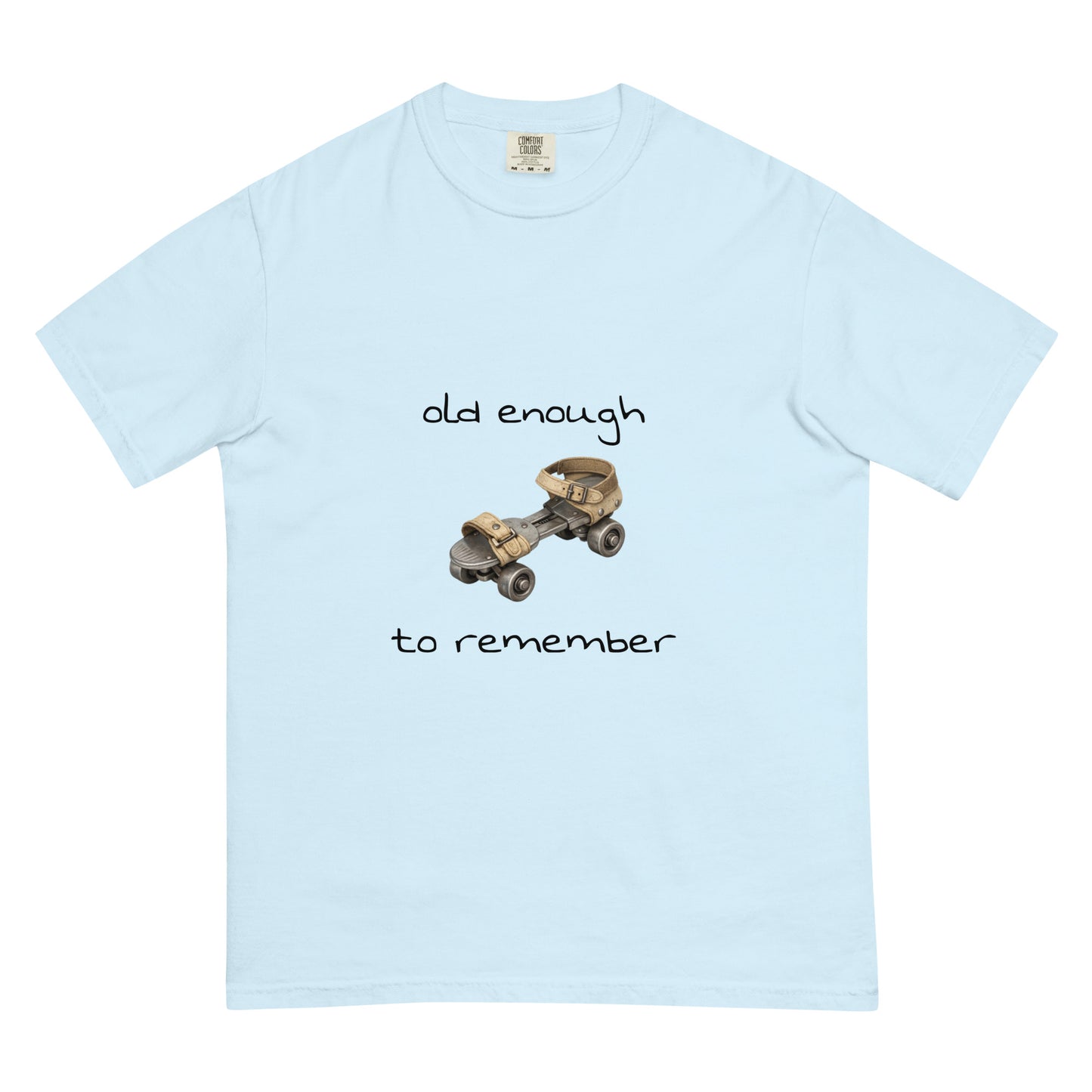 Unisex steel roller skates graphic T-shirt with garment-dyed heavyweight chambray fabric, casual style, from wayward.biz.