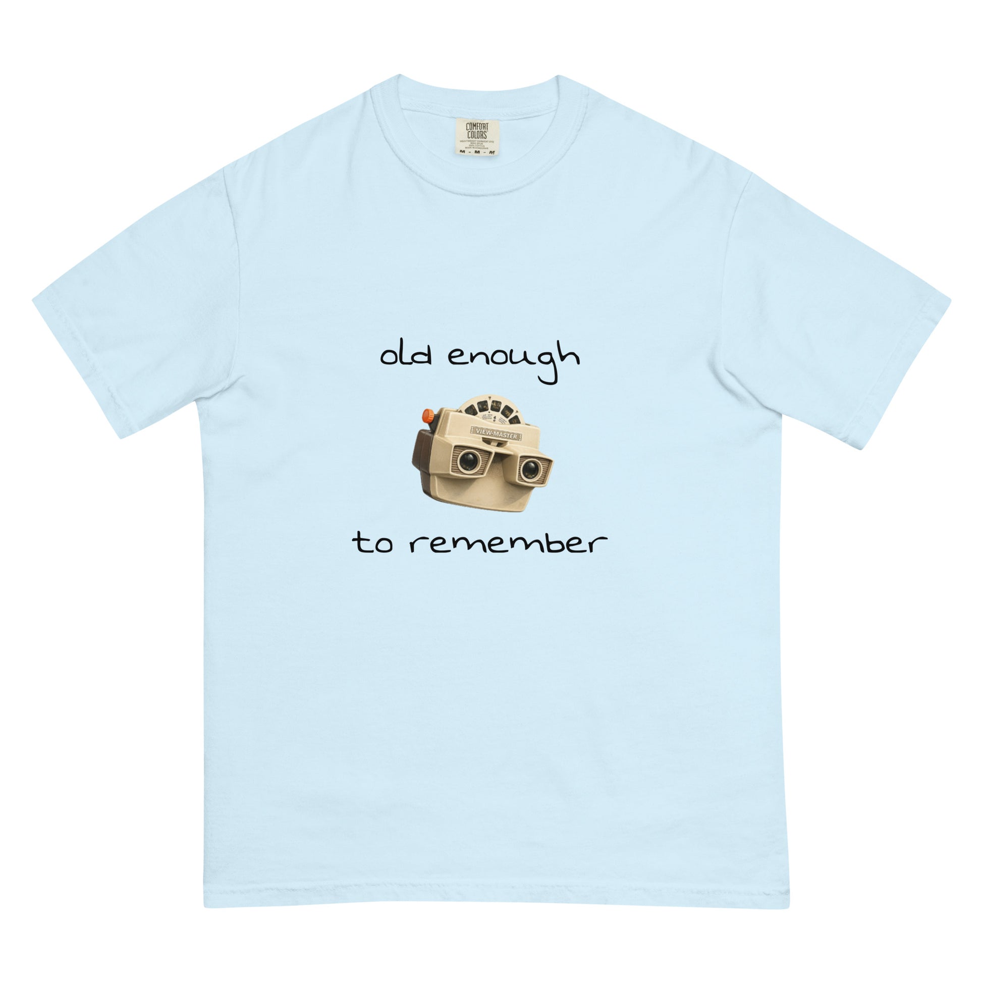 Unisex garment-dyed heavyweight View-Master T-shirt in chambray with front design, by wayward.biz, casual and comfortable style.