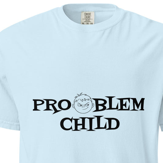 Unisex garment-dyed heavyweight chambray T-shirt from Problem Child by wayward.biz, shown from the front.