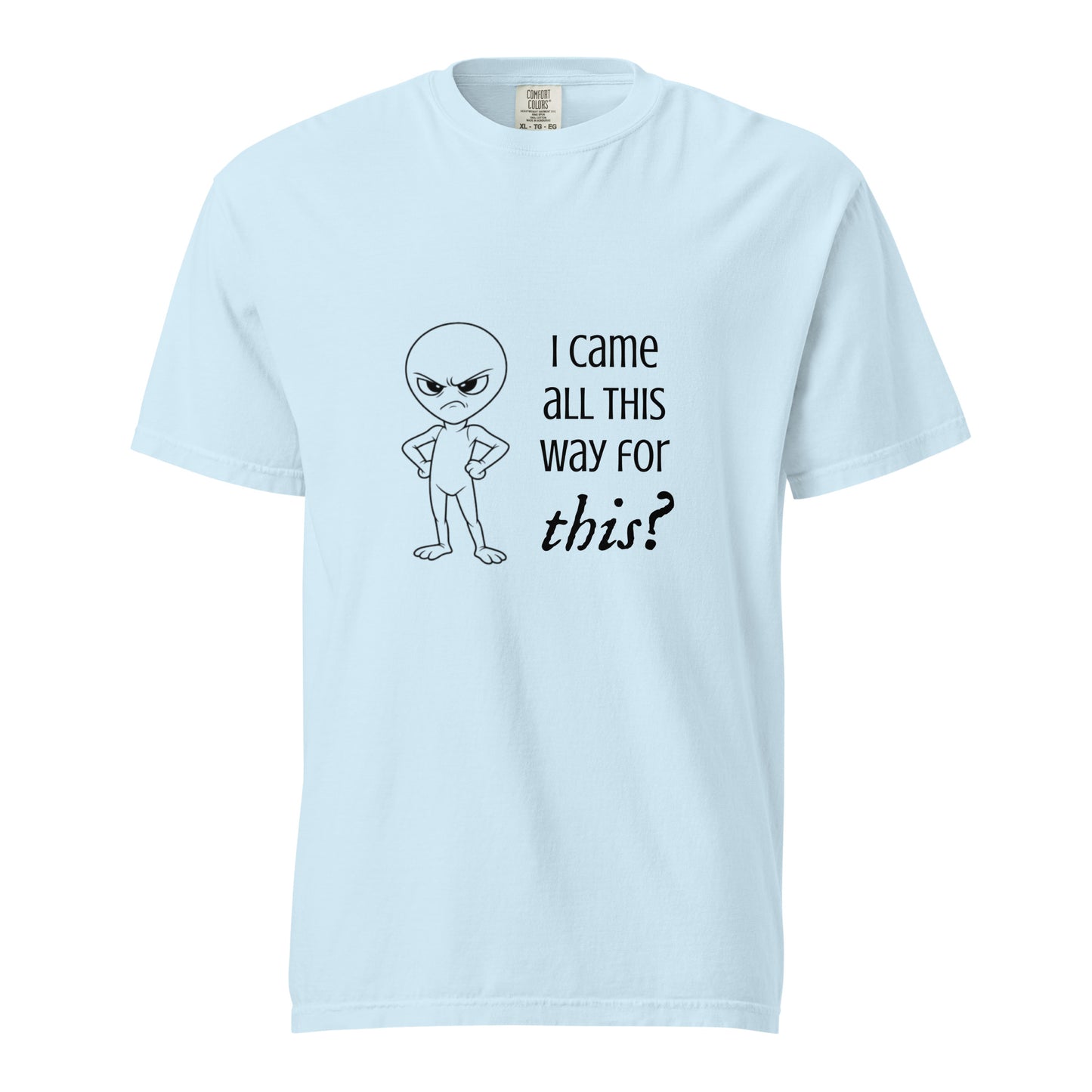 Unisex heavyweight T-shirt from wayward.biz with an angry alien graphic, garment-dyed chambray fabric, front view.