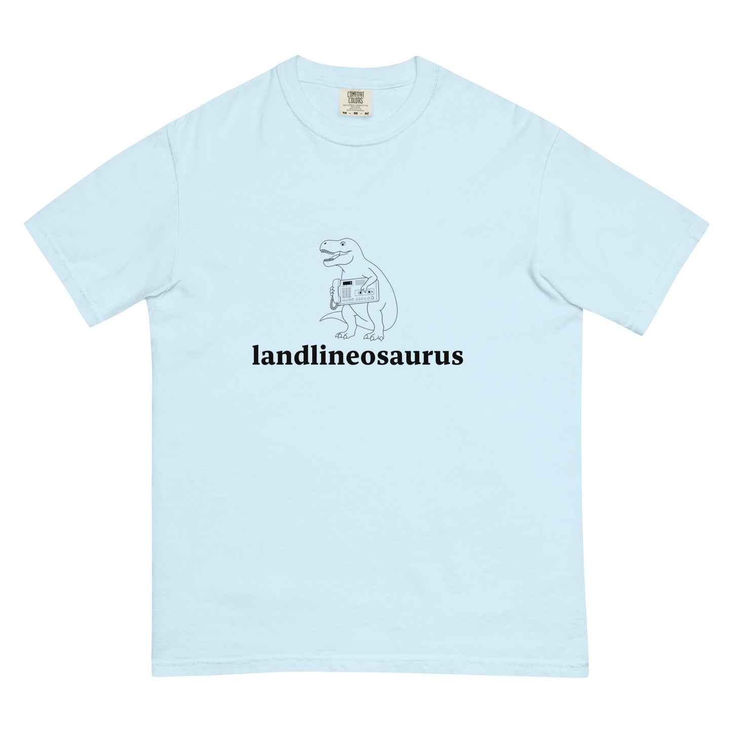 Unisex Landlineosaurus garment-dyed heavyweight T-shirt in chambray with front design, made by wayward.biz.