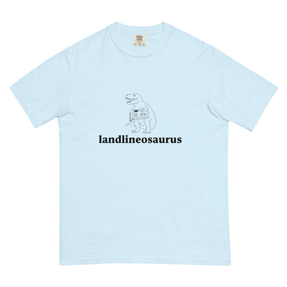 Unisex Landlineosaurus garment-dyed heavyweight T-shirt in chambray with front design, made by wayward.biz.