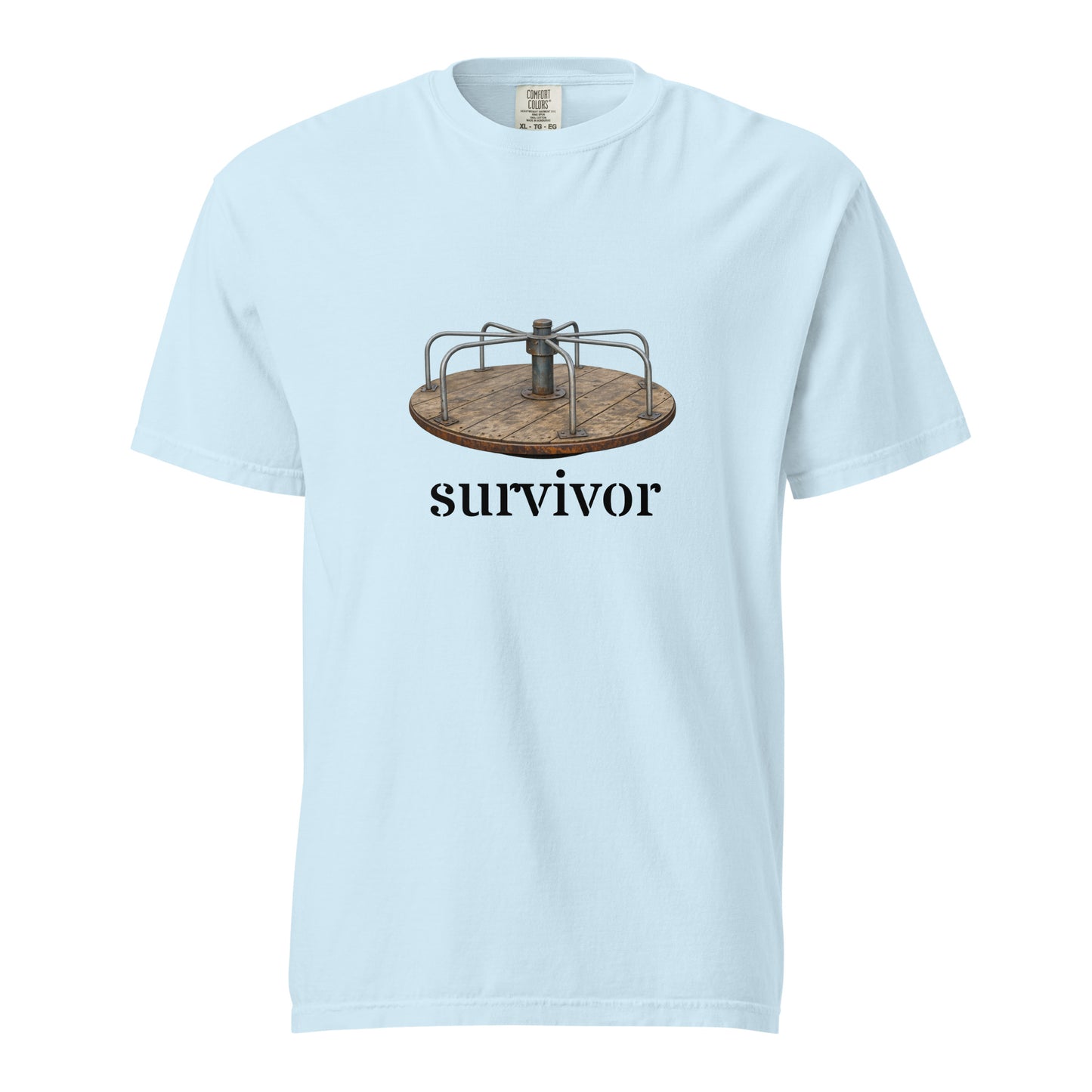 Unisex garment-dyed heavyweight chambray T-shirt with a front graphic, casual style, by Wayward.biz.
