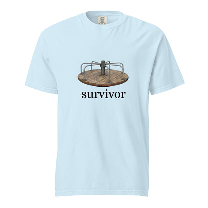 Unisex garment-dyed heavyweight chambray T-shirt with a front graphic, casual style, by Wayward.biz.