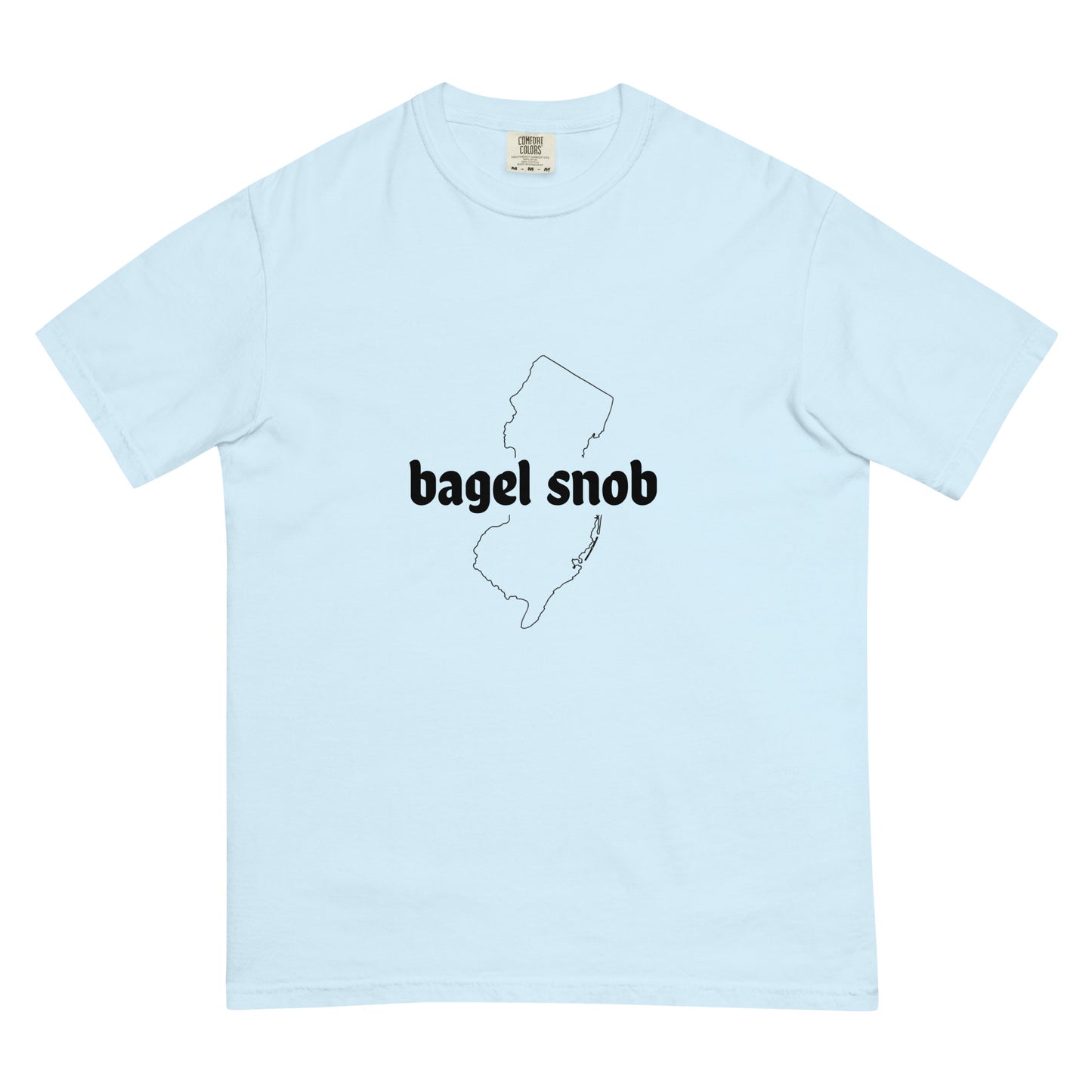 Unisex Bagel Snob heavyweight garment-dyed T-shirt in chambray, front view showcasing casual, durable fabric and relaxed fit.