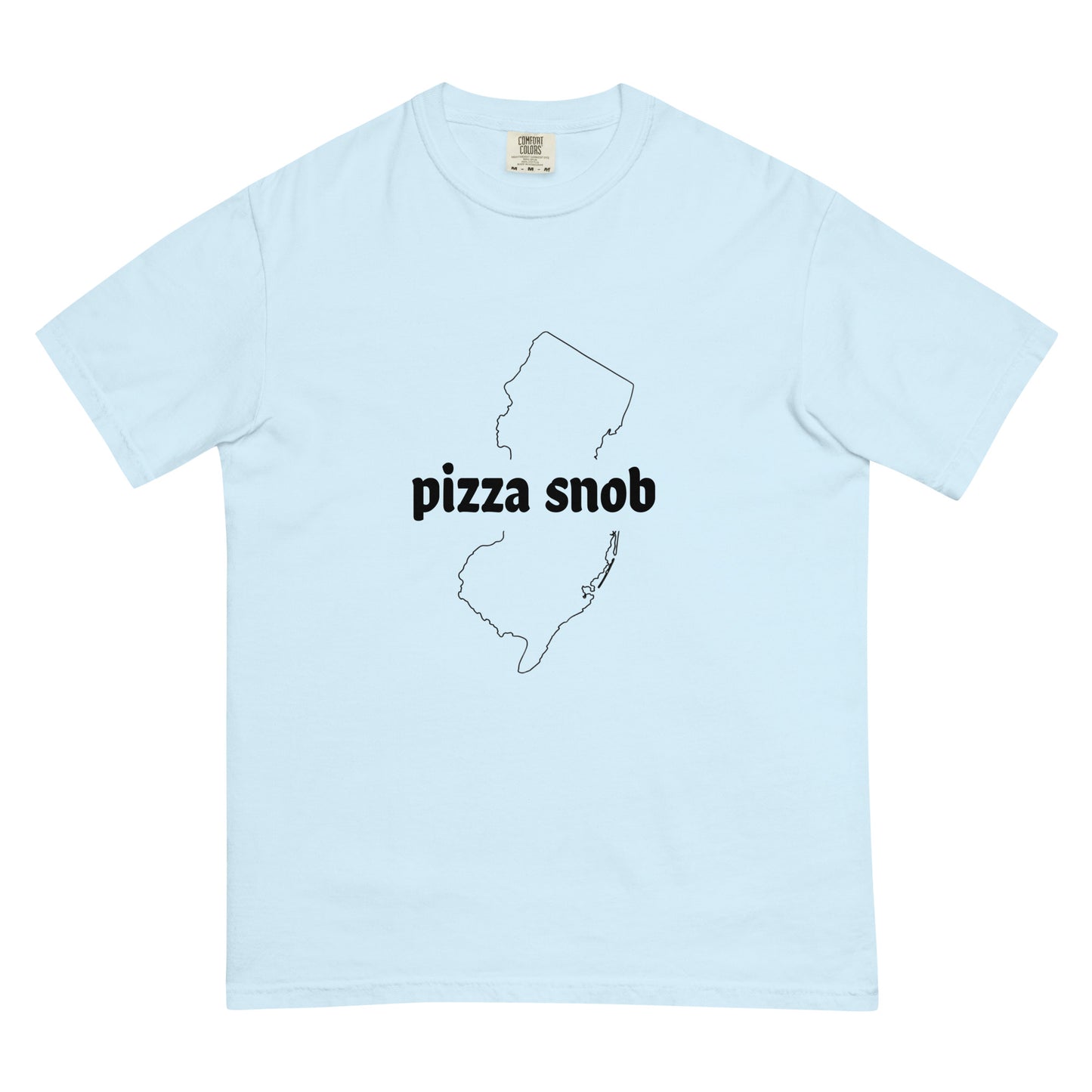 Unisex garment-dyed heavyweight chambray T-shirt by Pizza Snob featuring a front view and casual fit.