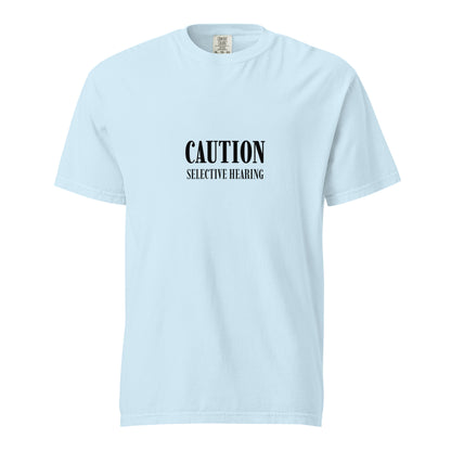 Unisex garment-dyed heavyweight chambray T-shirt by wayward.biz with front design, casual and comfortable for everyday wear.