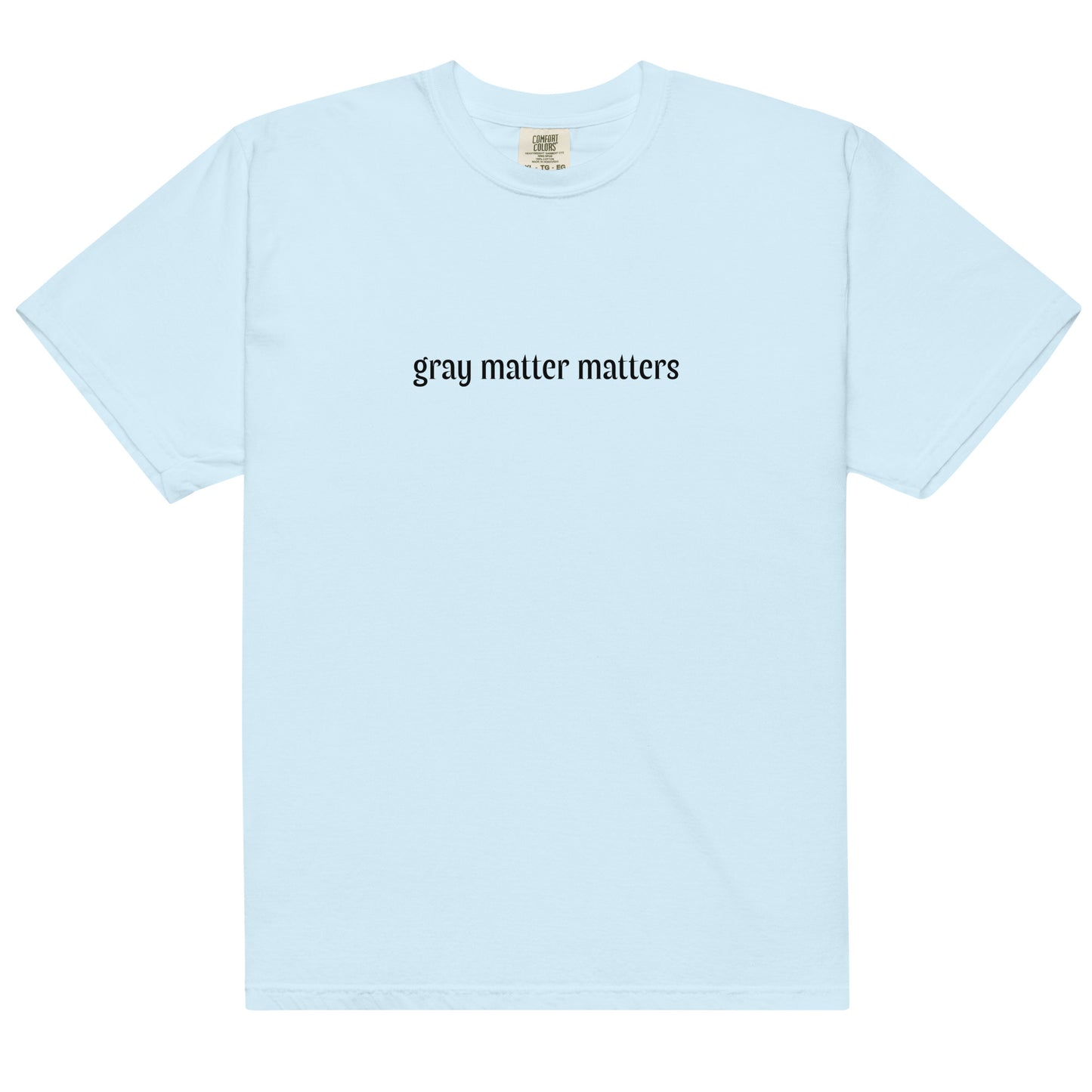 Gray Matter Matters unisex garment-dyed heavyweight T-shirt in chambray fabric, front view showcasing soft, durable material.