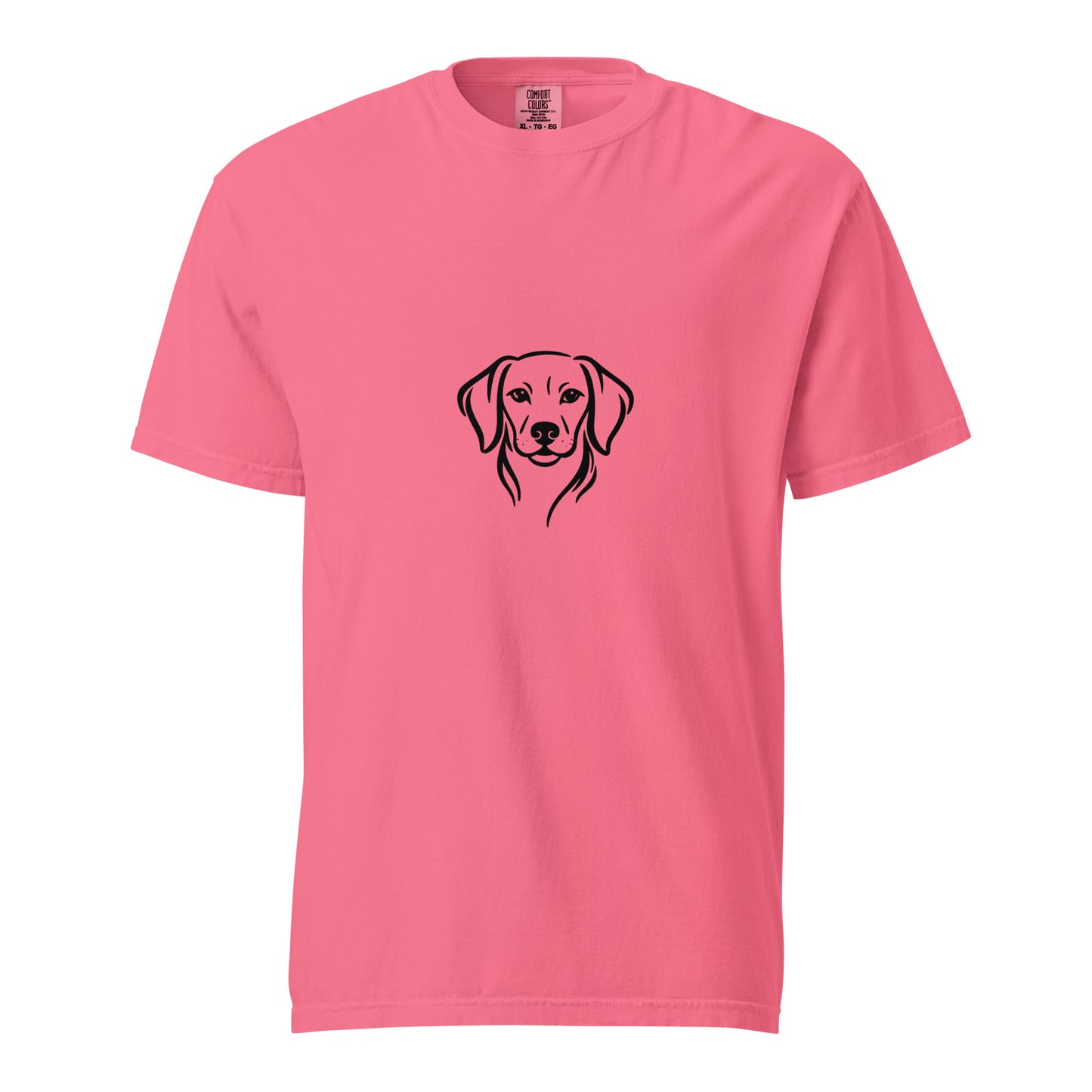 Unisex Dachshund graphic t-shirt by wayward.biz, heavyweight garment-dyed in crunchberry color, front view showing design details.