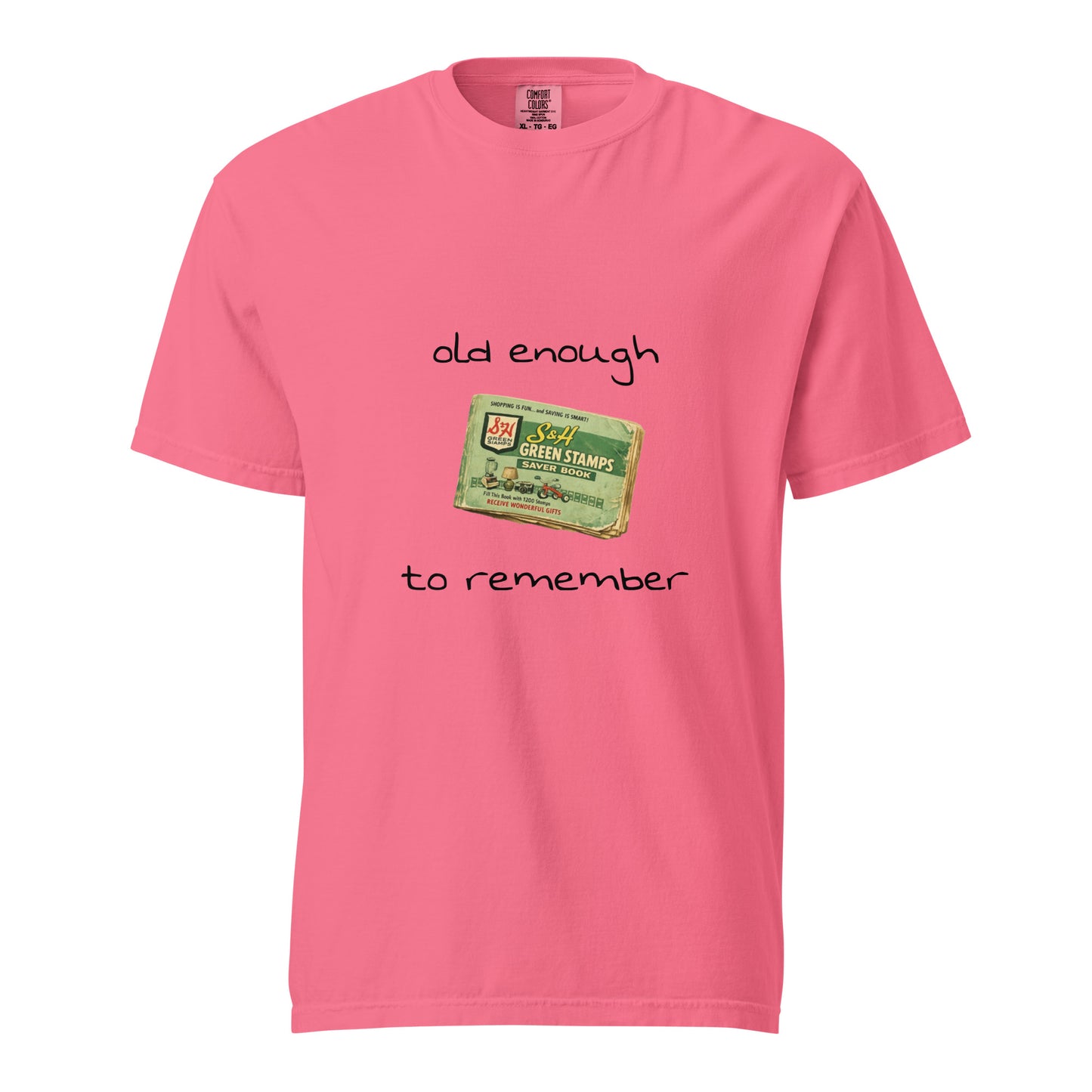 Unisex S&H Green Stamps heavy-duty garment-dyed t-shirt by wayward.biz in crunchberry color, front view.
