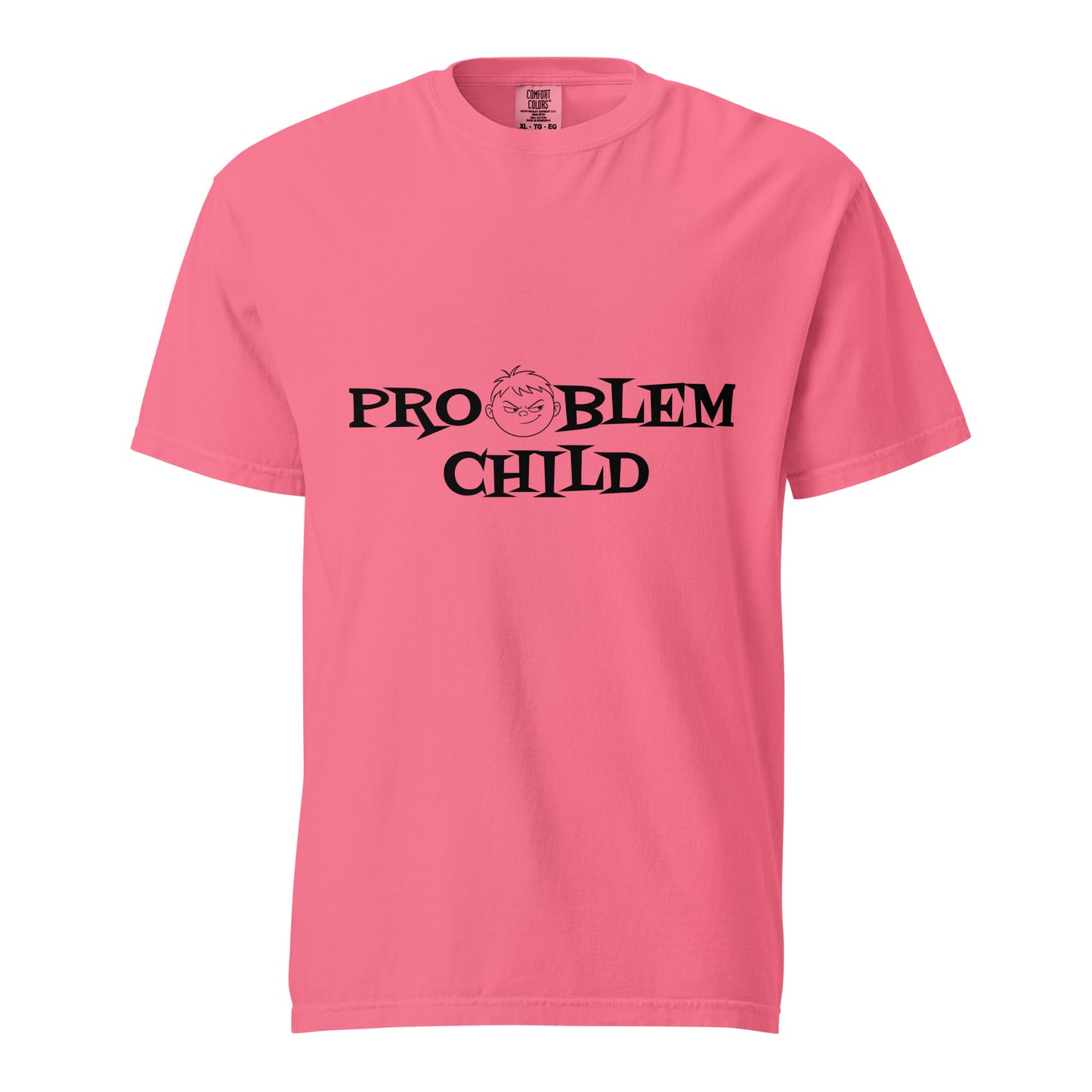 Unisex Problem Child heavyweight garment-dyed T-shirt in crunchberry color, front view showing soft, durable fabric and relaxed fit.