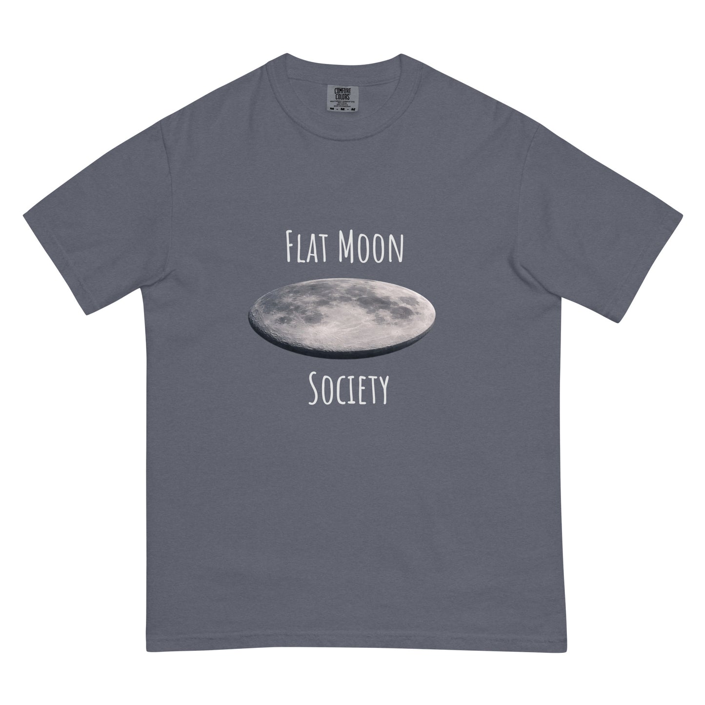 Unisex dark garment-dyed heavyweight T-shirt from Flat Moon Society, denim color, front view showing soft, durable fabric.