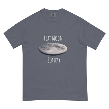Unisex dark garment-dyed heavyweight T-shirt from Flat Moon Society, denim color, front view showing soft, durable fabric.