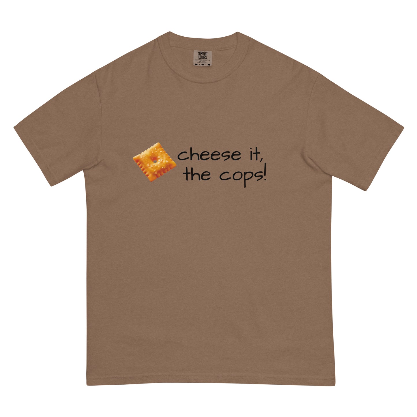 Unisex garment-dyed heavyweight Cheese It the Cops T-Shirt by wayward.biz in espresso, front view showing casual fit and fabric texture.