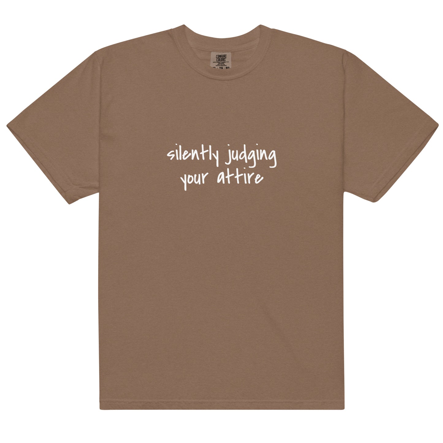 Unisex garment-dyed heavyweight T-shirt in espresso color with a front view, casual style by wayward.biz.