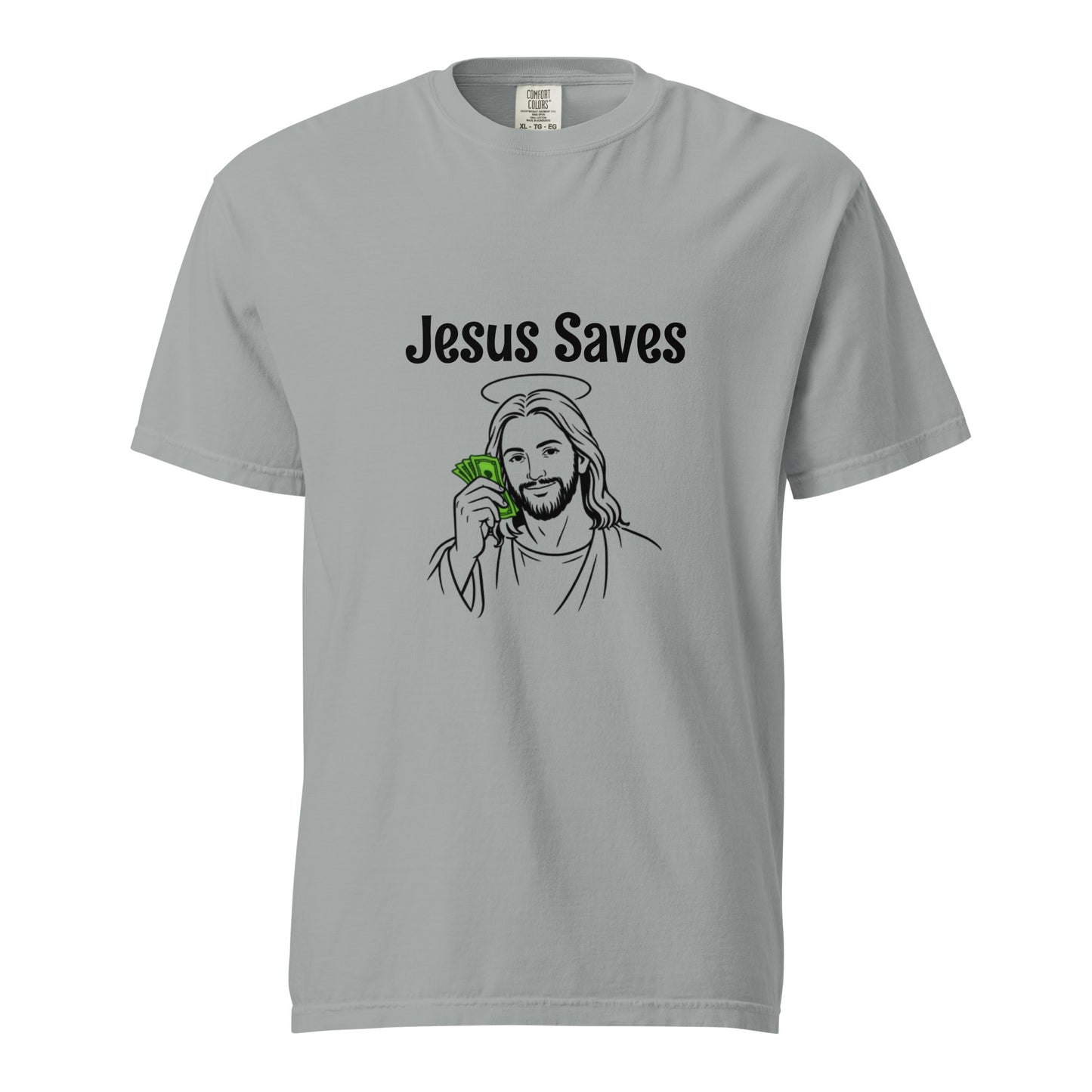 Unisex Jesus Saves heavy-weight garment-dyed T-shirt in granite color, front view, casual Christian-themed apparel.