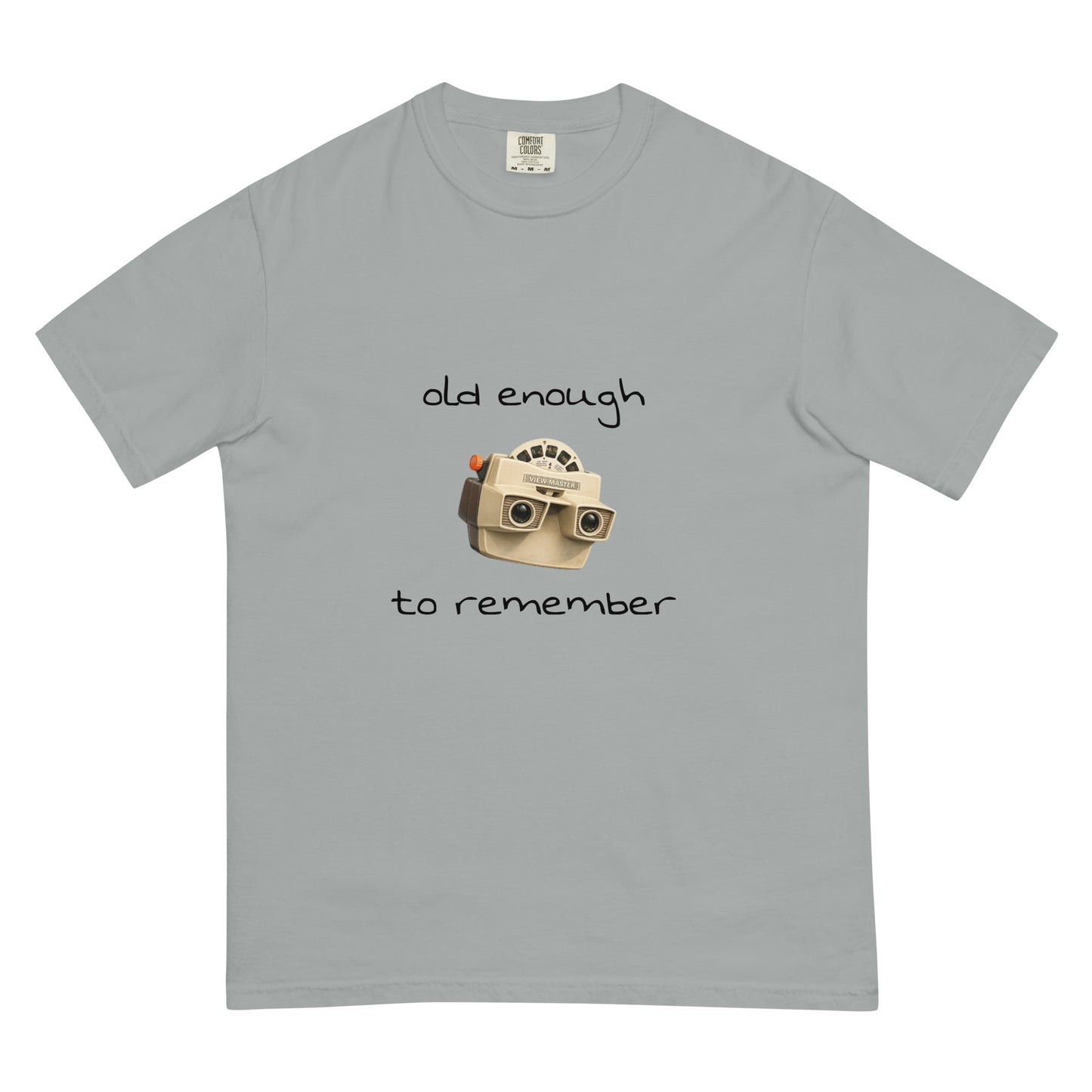 Unisex garment-dyed heavyweight View-Master T-shirt in granite color with front graphic, from wayward.biz.