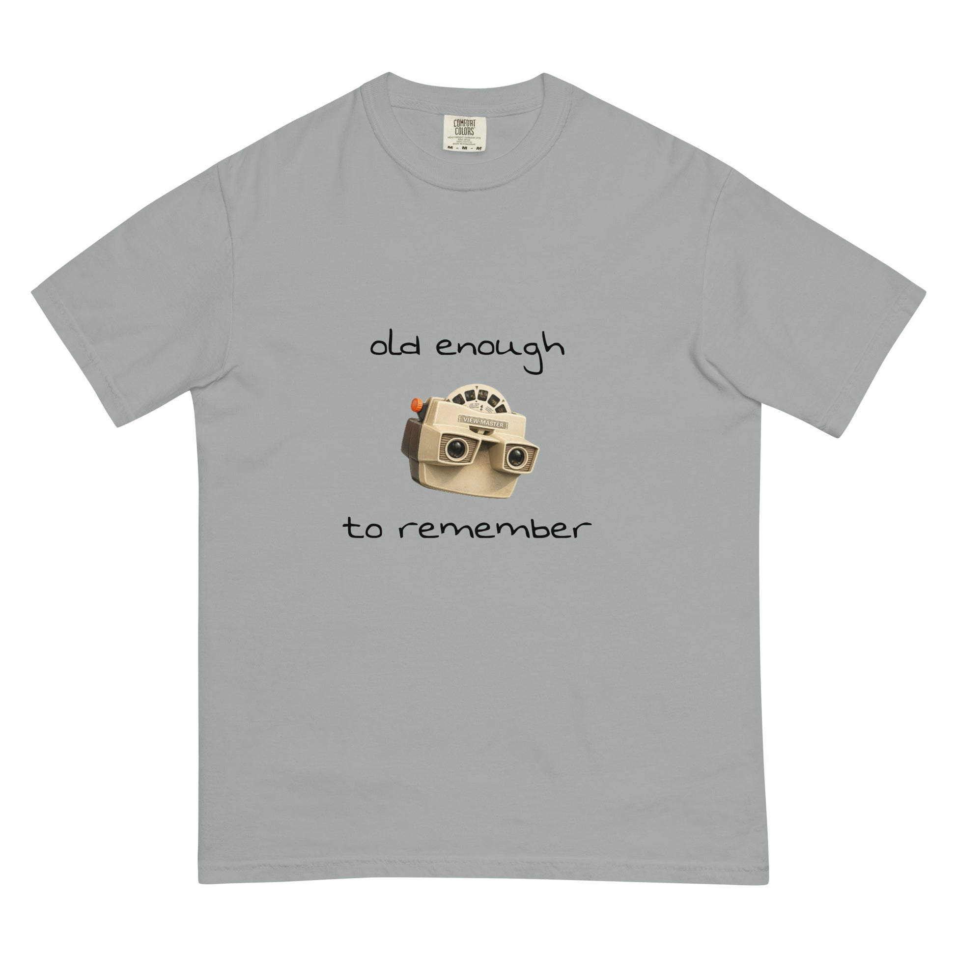 Unisex garment-dyed heavyweight View-Master T-shirt in granite color with front graphic, from wayward.biz.
