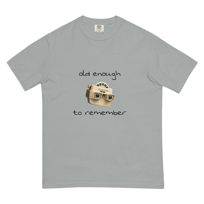 Unisex garment-dyed heavyweight View-Master T-shirt in granite color with front graphic, from wayward.biz.