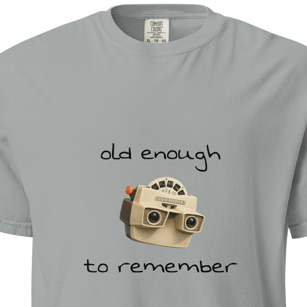 Unisex garment-dyed heavyweight View-Master T-shirt in granite color with front graphic design, by wayward.biz.