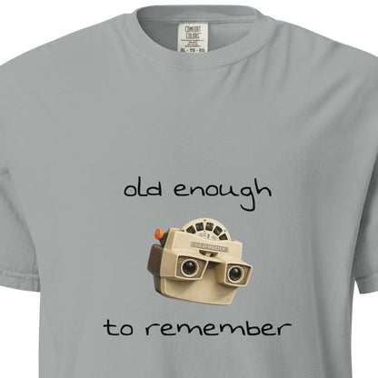 Unisex garment-dyed heavyweight View-Master T-shirt in granite color with front graphic design, by wayward.biz.